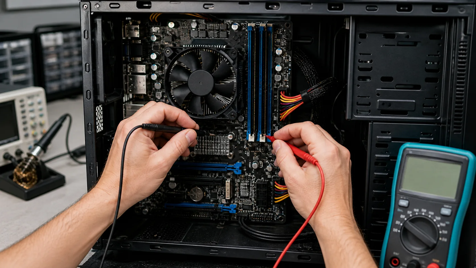 Technician testing a desktop PC motherboard with a multimeter