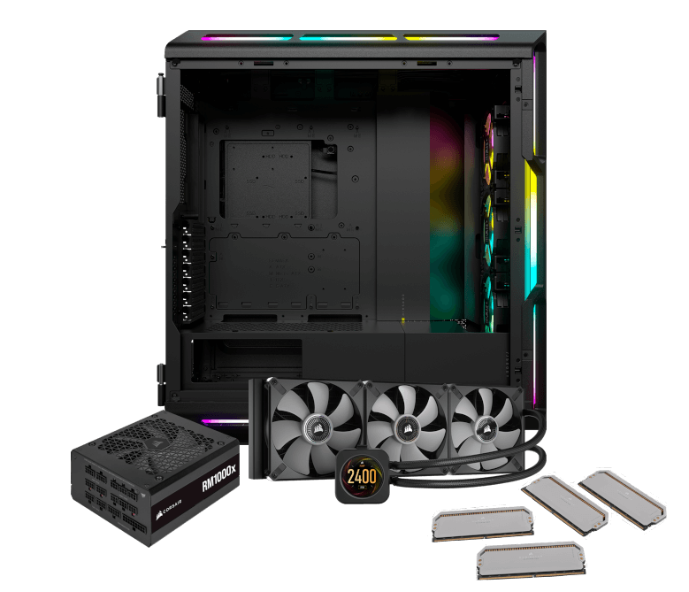 Desktop PC case with power supply, liquid cooler and memory ready for a compatible upgrade